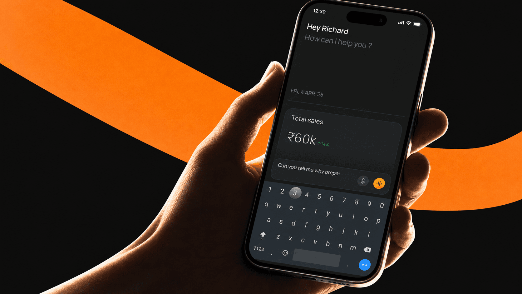 A hand holding the Breeze Automatic phone against an orange and violet studio glow